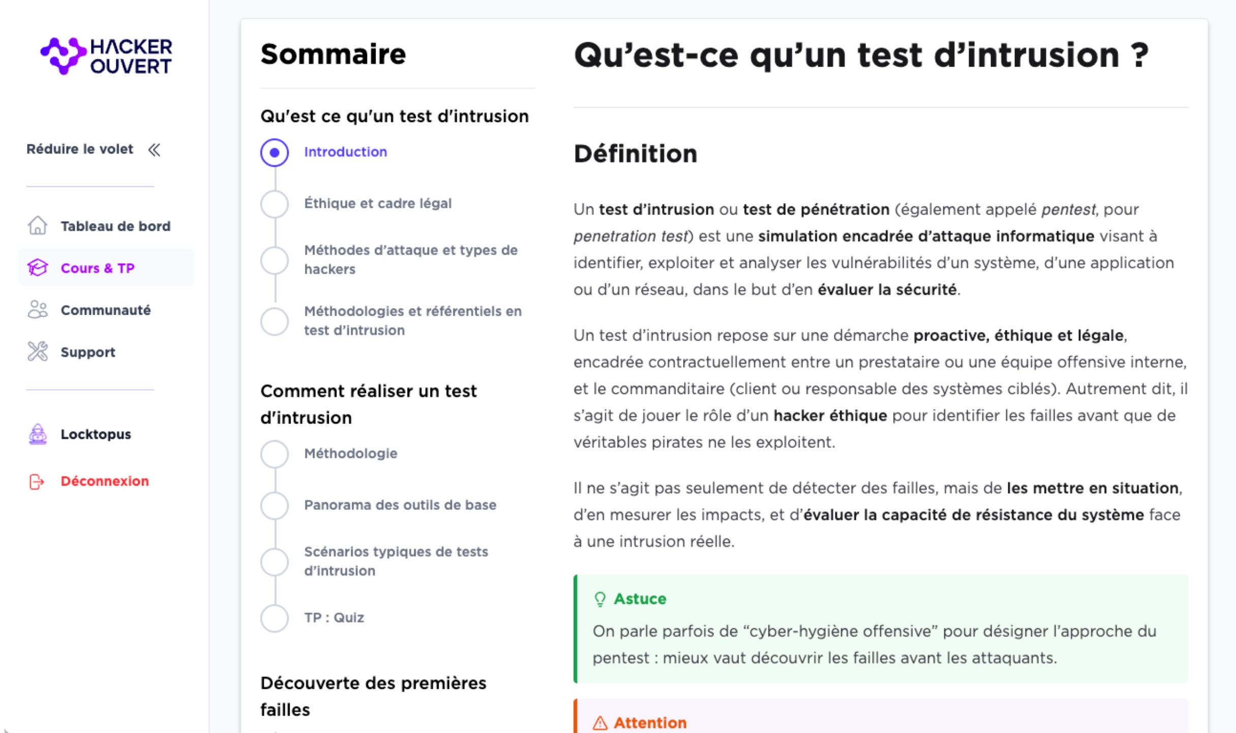 Aperçu de la plateforme d’apprentissage Hacker Ouvert